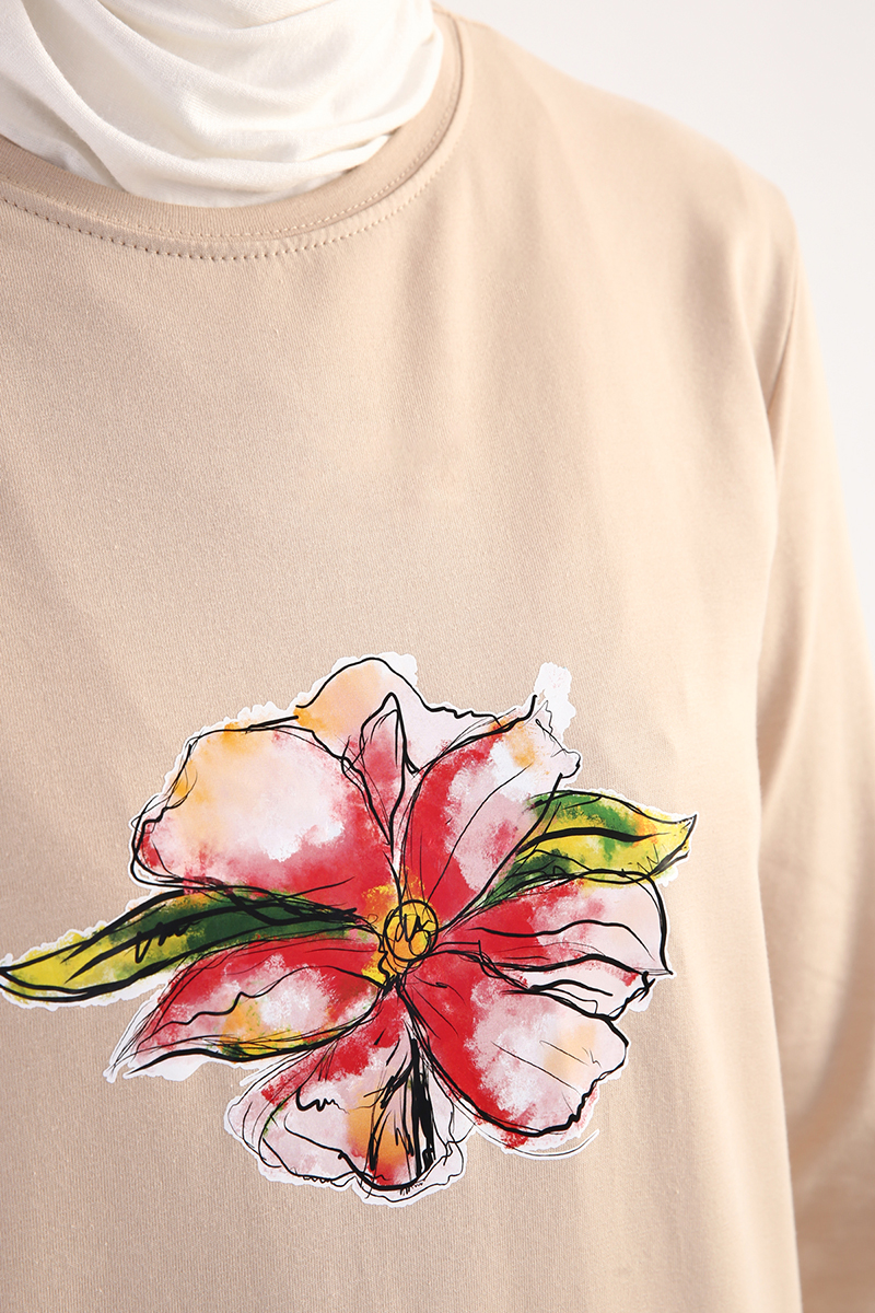 Flower Printed Long Sleeve T-shirt Tunic