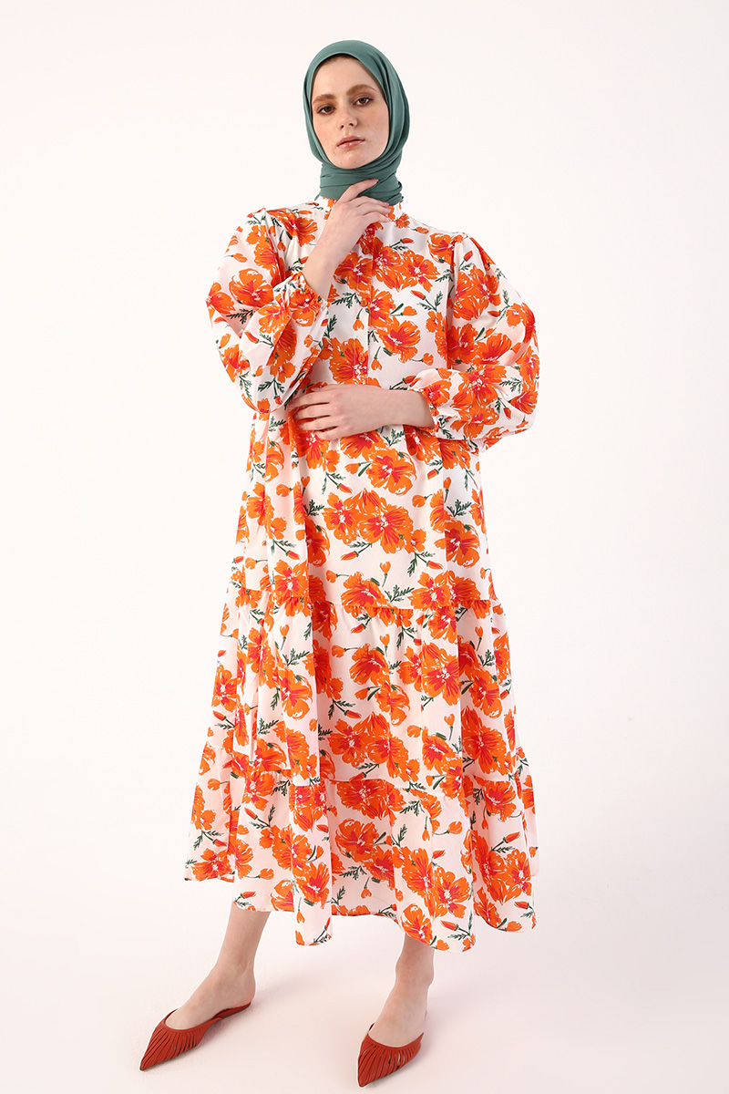 Flower Figured Ruffled Mandarin Collar Dress