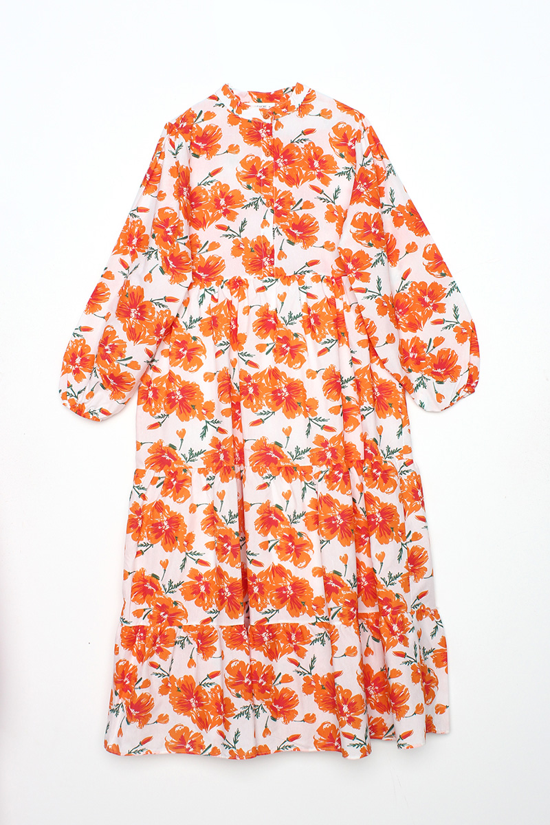 Flower Figured Ruffled Mandarin Collar Dress