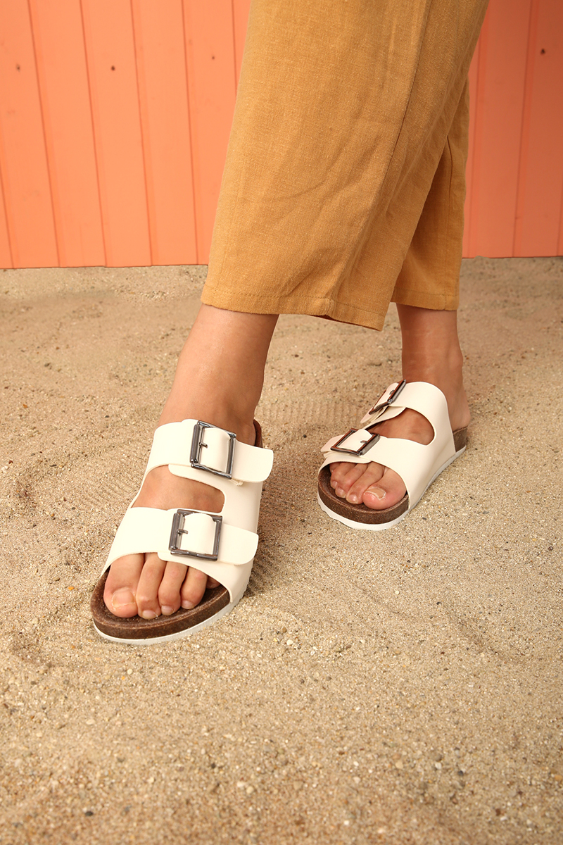 Eyelet Buckle Decor Dual Slide Sandals
