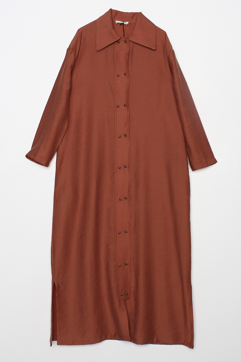 Double Buttoned Shirt Collar Natural Fabric Abaya