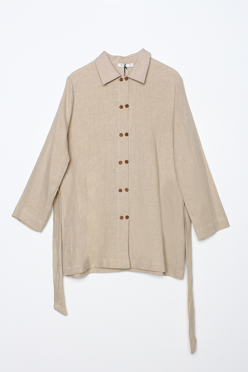 Double Button Belted 100% Linen Shirt Tunic