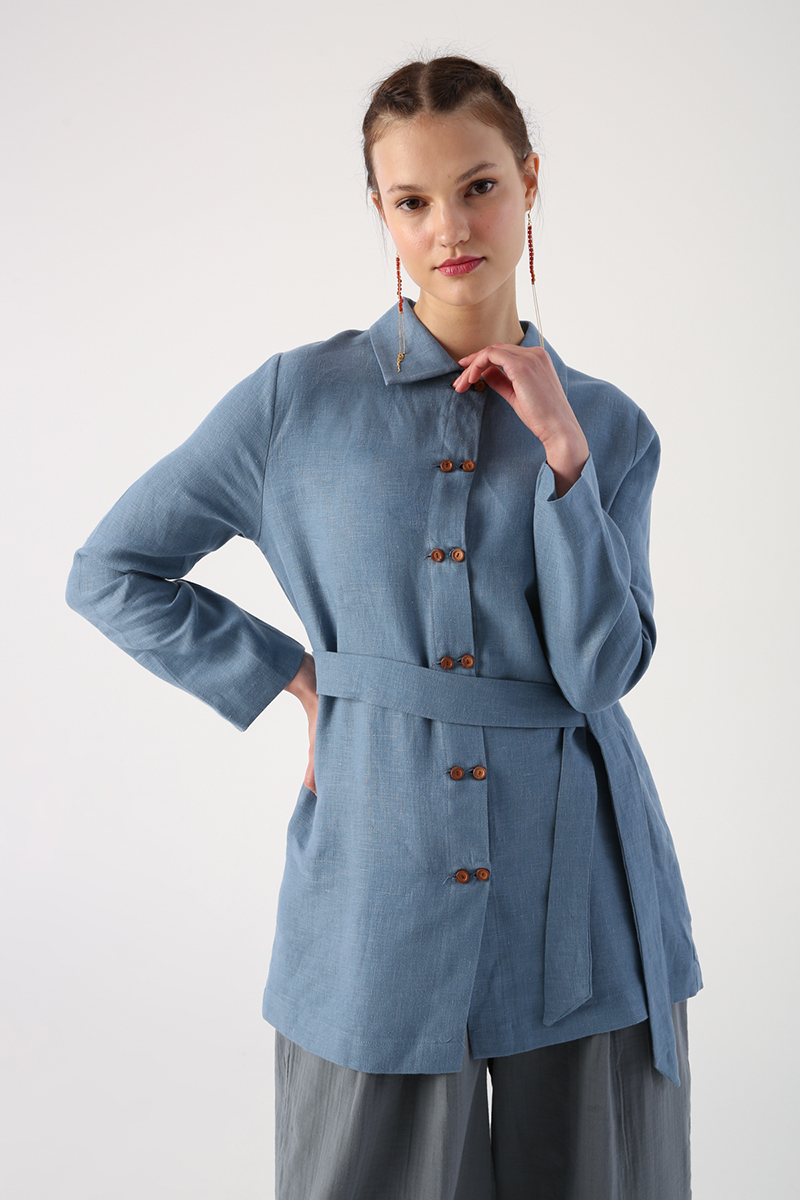 Double Button Belted 100% Linen Shirt Tunic