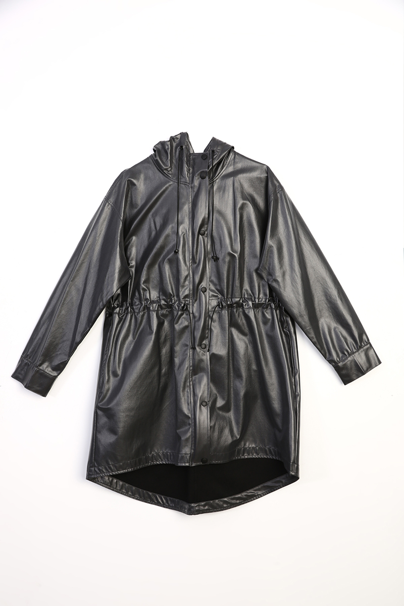 Snap Button Elastic Waist Pocket Hooded Raincoat