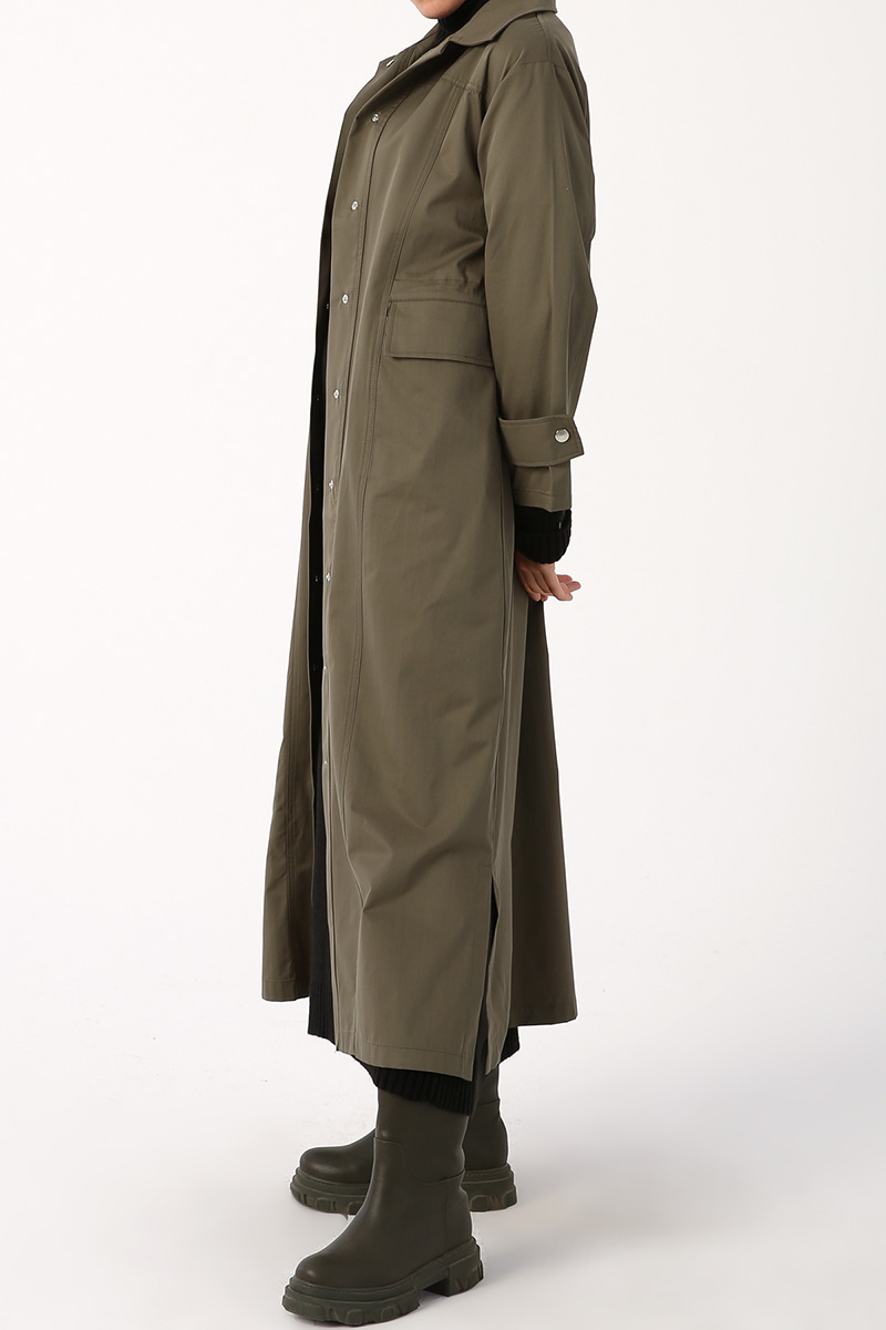 Shirred Waist Snap Button Maxi Trench Coat