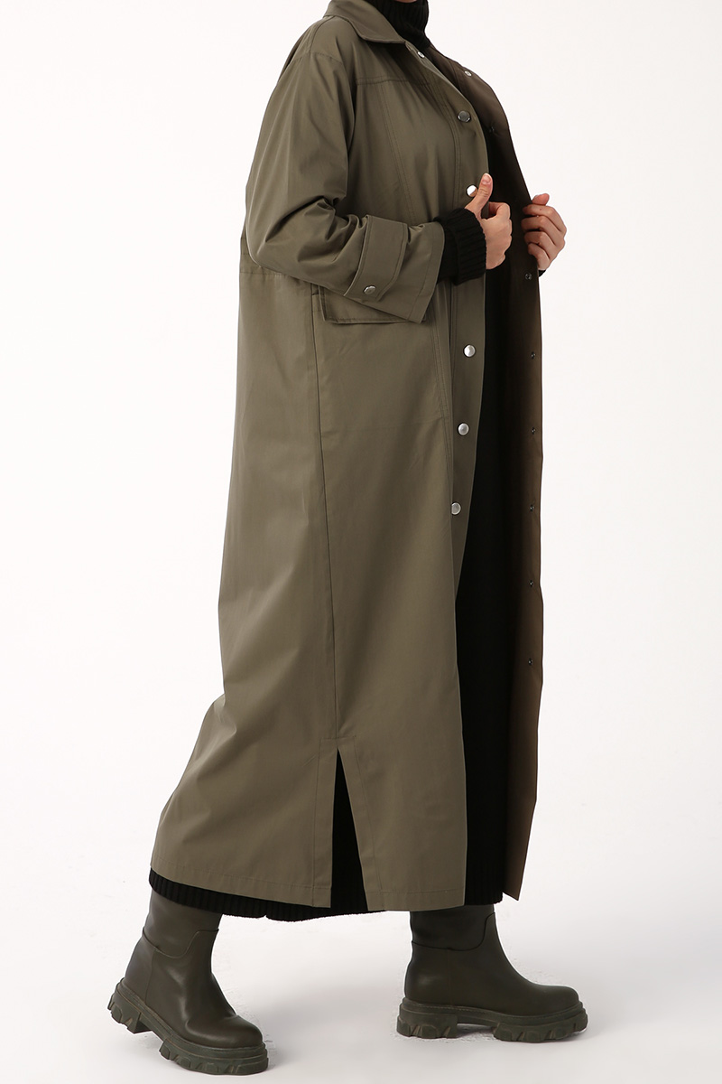 Shirred Waist Snap Button Maxi Trench Coat