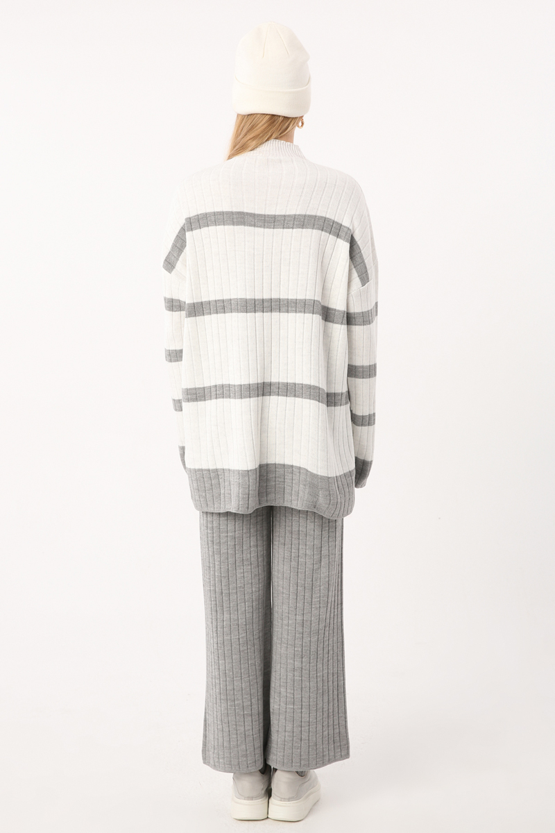 Striped Stand-Up Collar Sweater Knitwear Set with Wide Leg Trousers