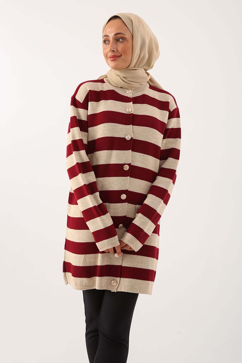 Striped Ribbed Collar Buttoned Cardigan