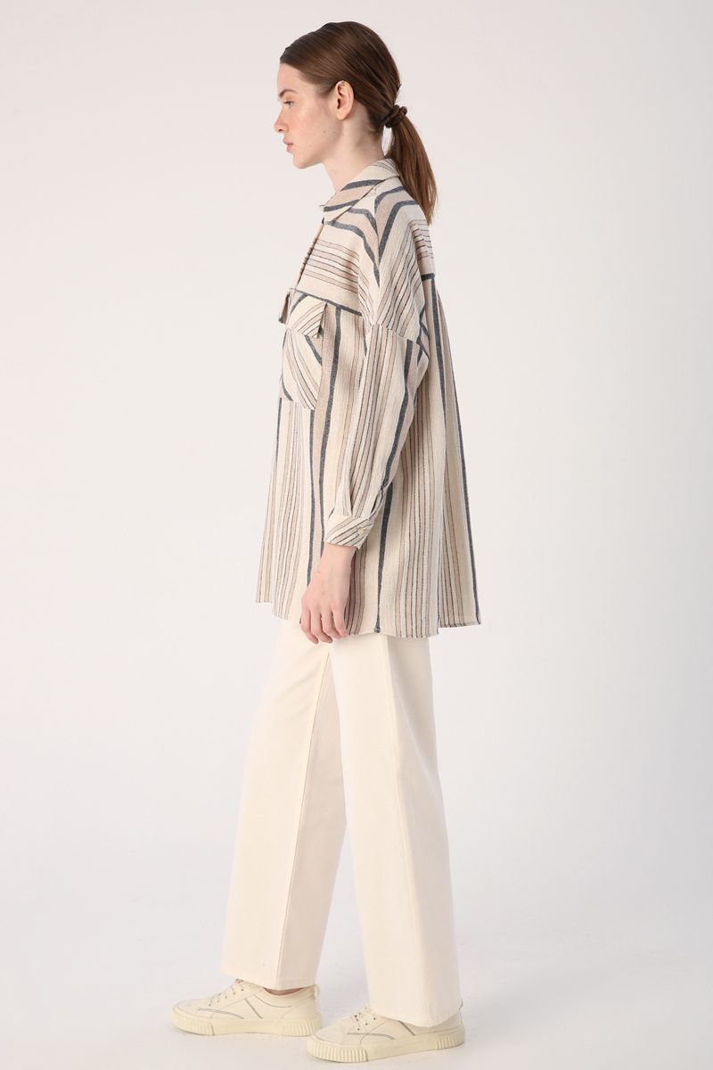 Striped Covered Viscose Linen Shirt with Pocket