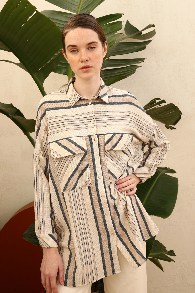 Striped Covered Viscose Linen Shirt with Pocket