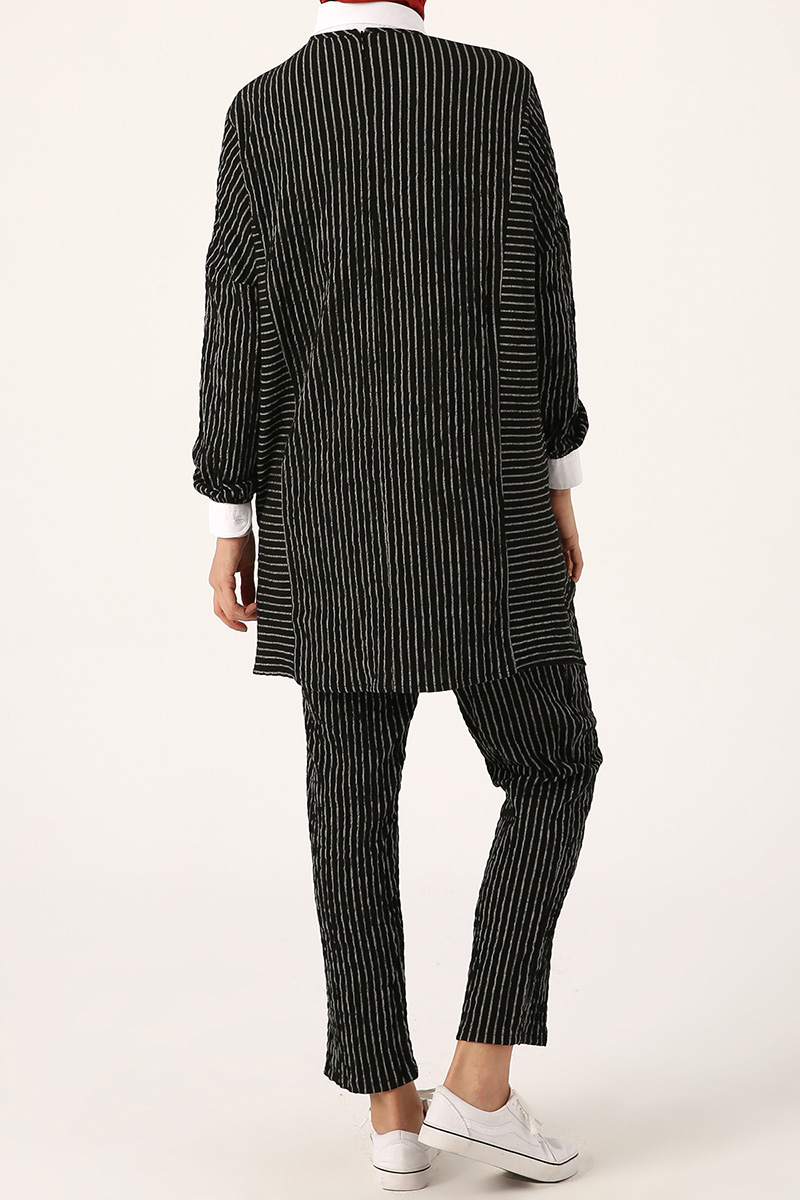 Crew Neck Striped Blouse and Pants Set