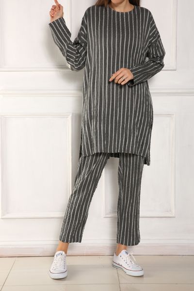 Striped Crew Neck Blouse and Pants Set
