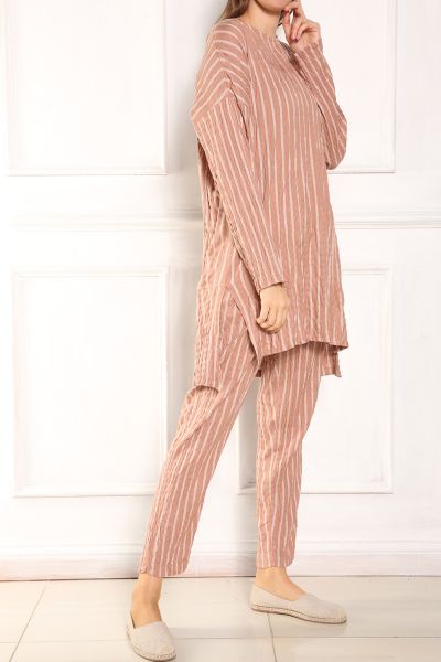 Striped Crew Neck Blouse and Pants Set