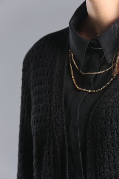 Perforated Open Front Long Knit Cardigan