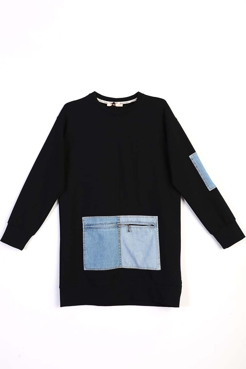 Denim Pocket Detailed Sweatshirt Tunic