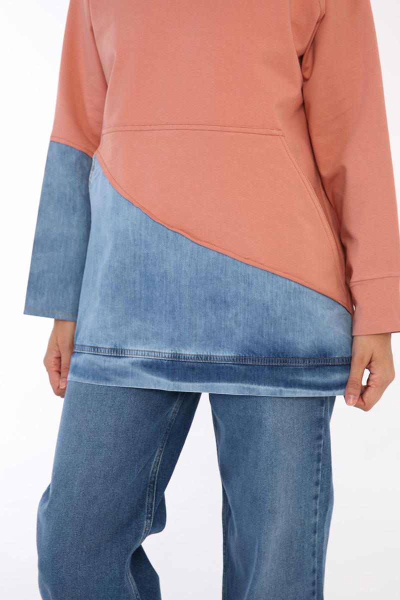 Hooded Denim Detailed Sweatshirt Tunic