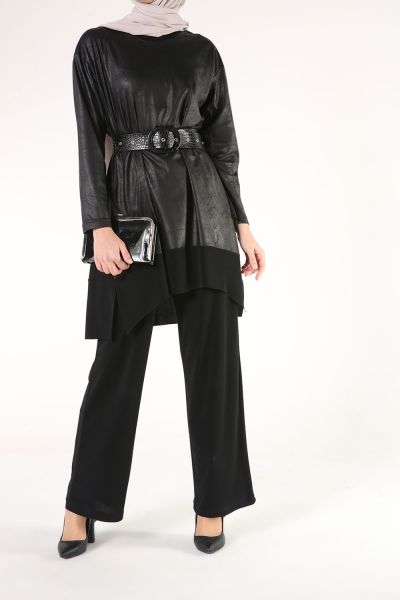 LEATHER DETAILED TROUSERS DOUBLE HİJAB SUIT
