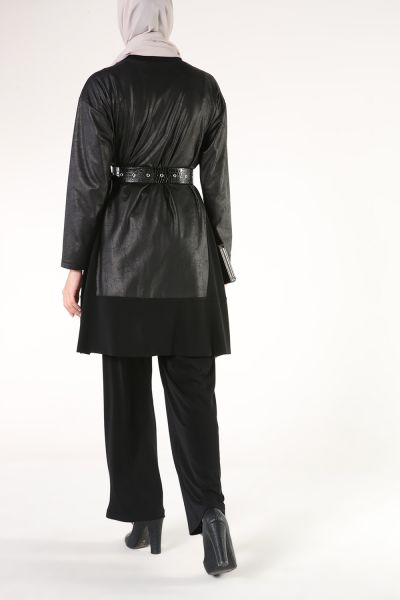 LEATHER DETAILED TROUSERS DOUBLE HİJAB SUIT