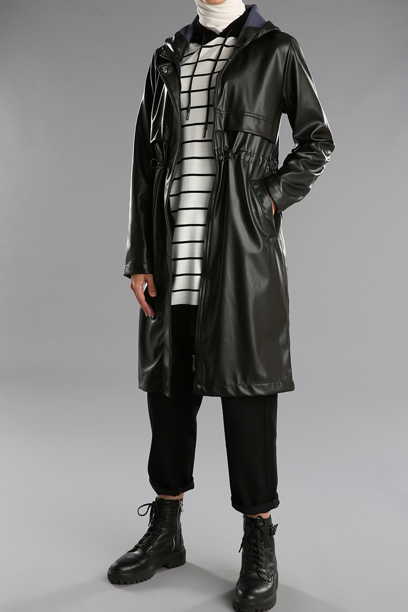 Leather Look Hooded Raincoat With Pockets