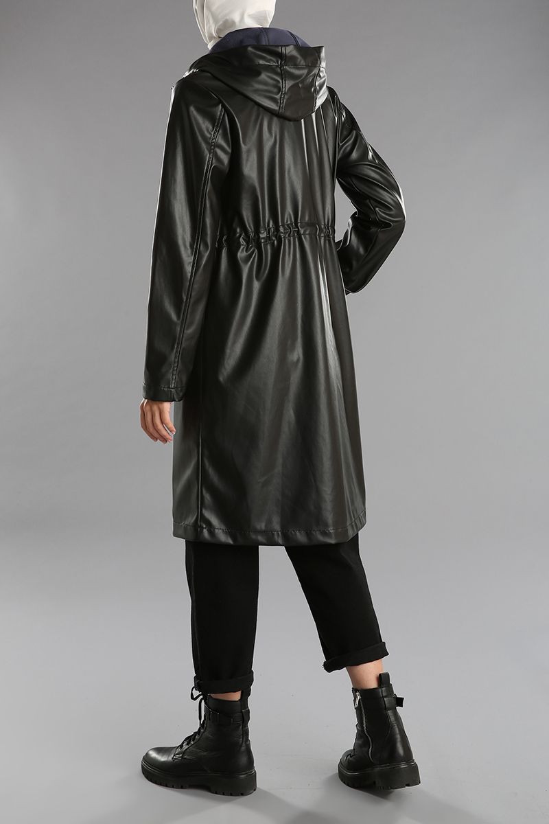 Leather Look Hooded Raincoat With Pockets