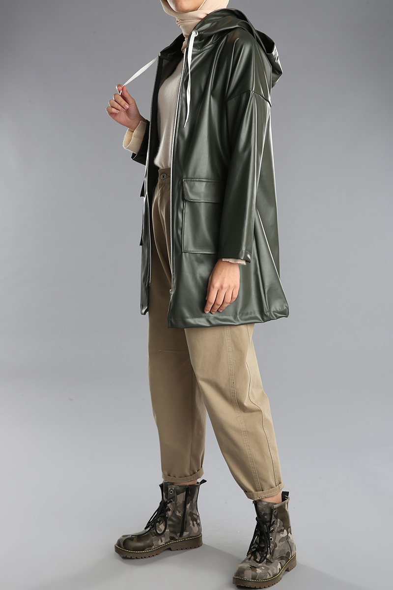 Leather Look Hooded Raincoat With Pocket