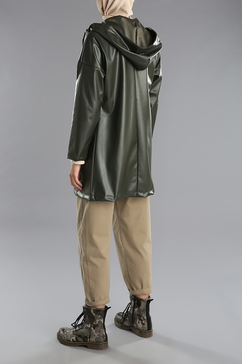 Leather Look Hooded Raincoat With Pocket