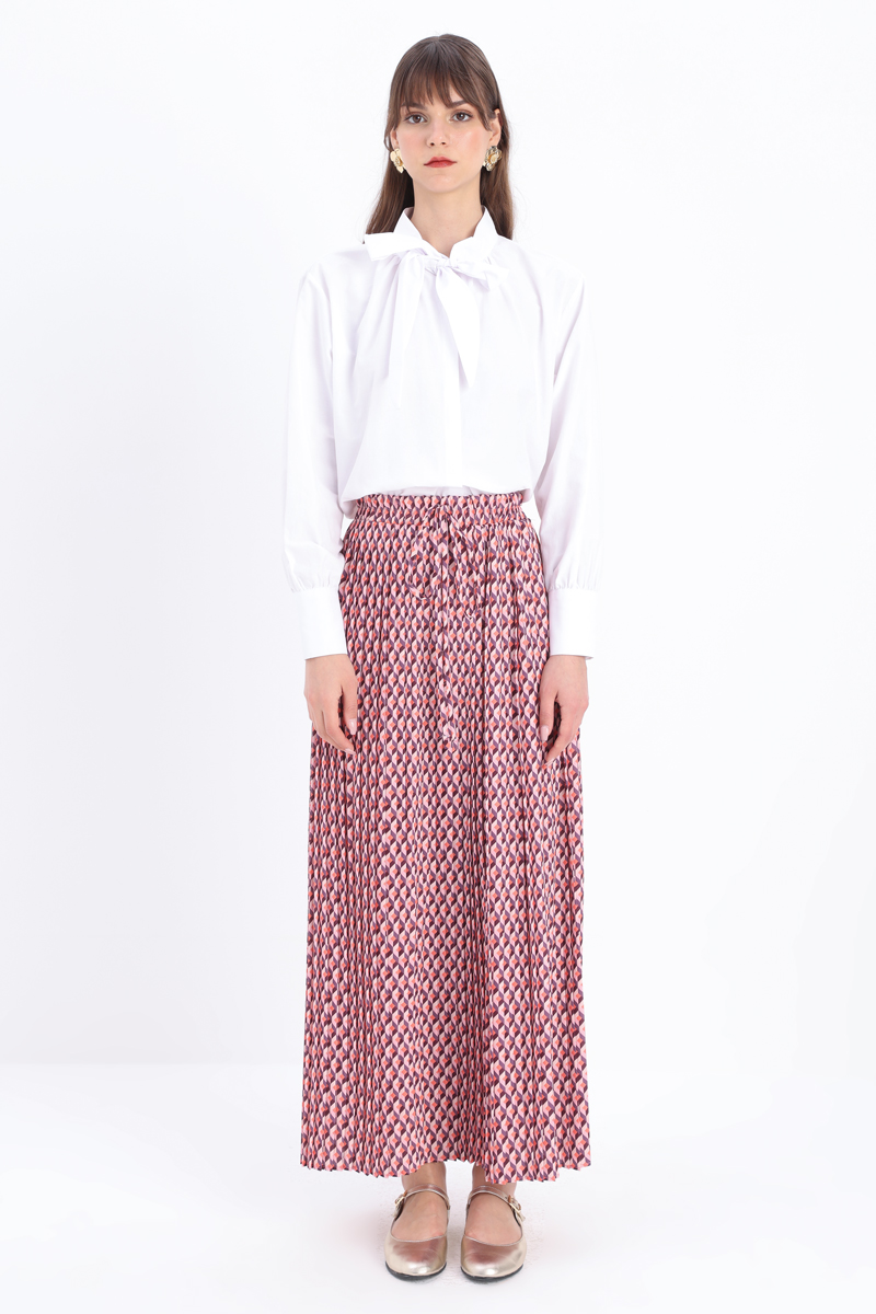 Patterned Pleated Skirt With Elastic Waist