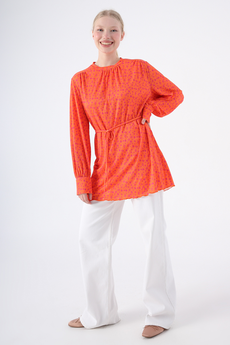 Patterned Piping Belt Comfortable Pleated Tunic