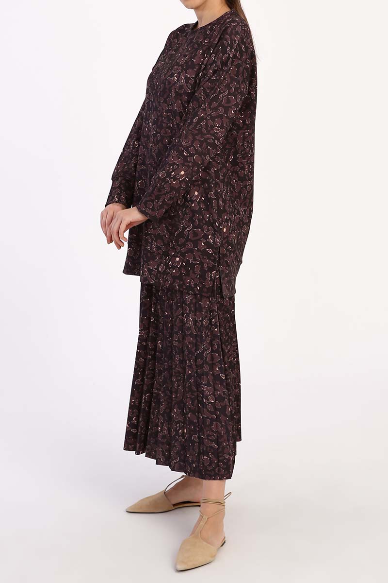 Animal Print Comfy Long Blouse & Pleated Skirt 2 Pieces Set
