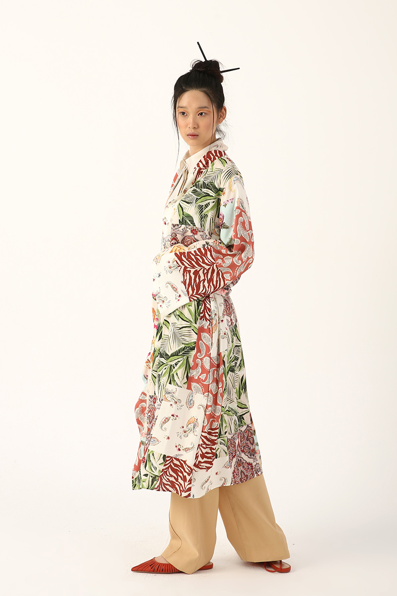 Cepli Kuşaklı Desenli Kimono