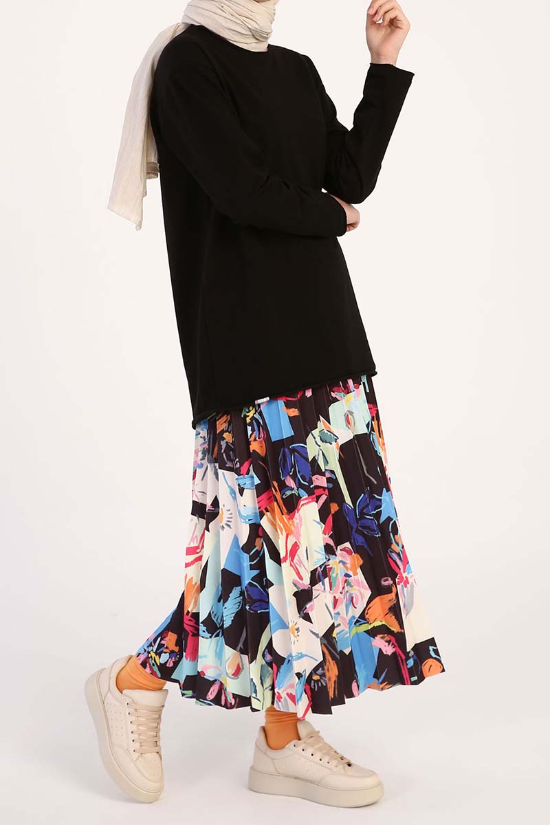 Patterned Pleated Midi Skirt