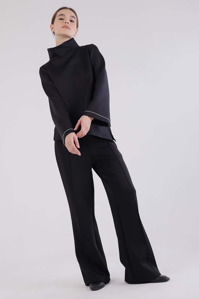Scuba Blouse with Stand Collar Sleeve Slits