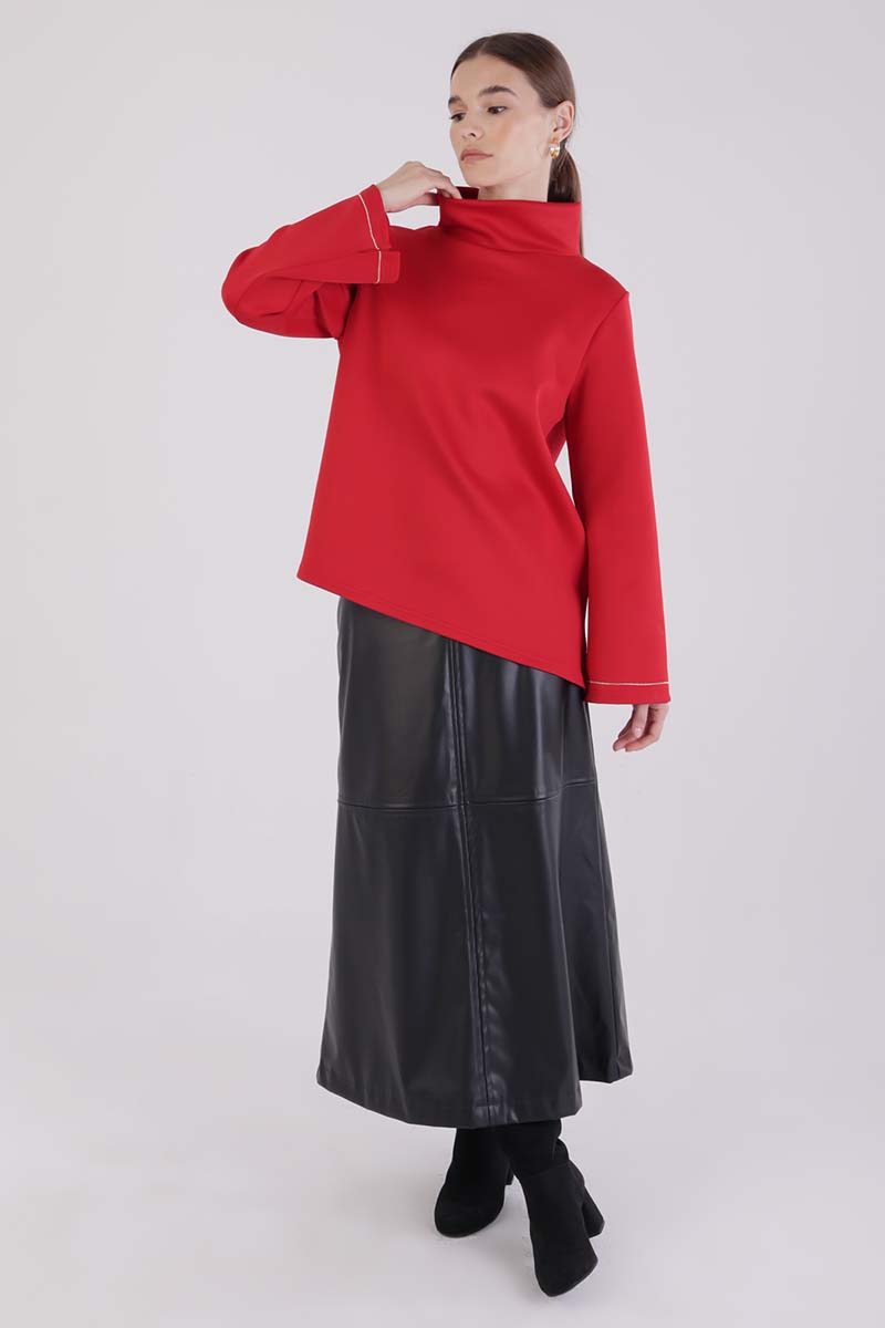 Scuba Blouse with Stand Collar Sleeve Slits