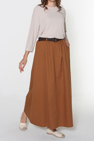 NATURAL FABRIC BELTED SKIRT