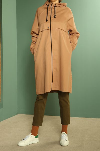 NATURAL FABRIC ZIPPERED HOODED TRENCH COAT