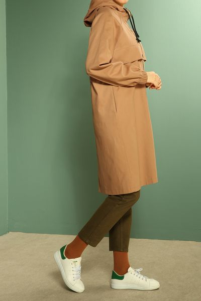 NATURAL FABRIC ZIPPERED HOODED TRENCH COAT