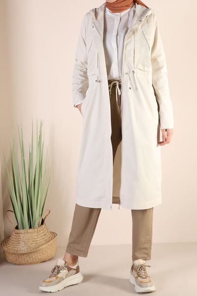 NATURAL FABRIC HOODED TRENCH COAT