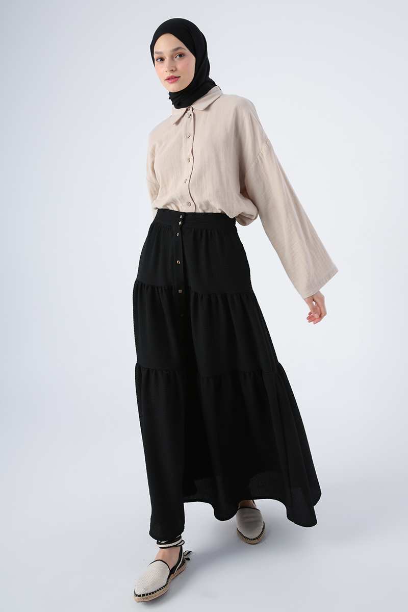 Buttoned Elastic Waist Frilled Crepe Skirt