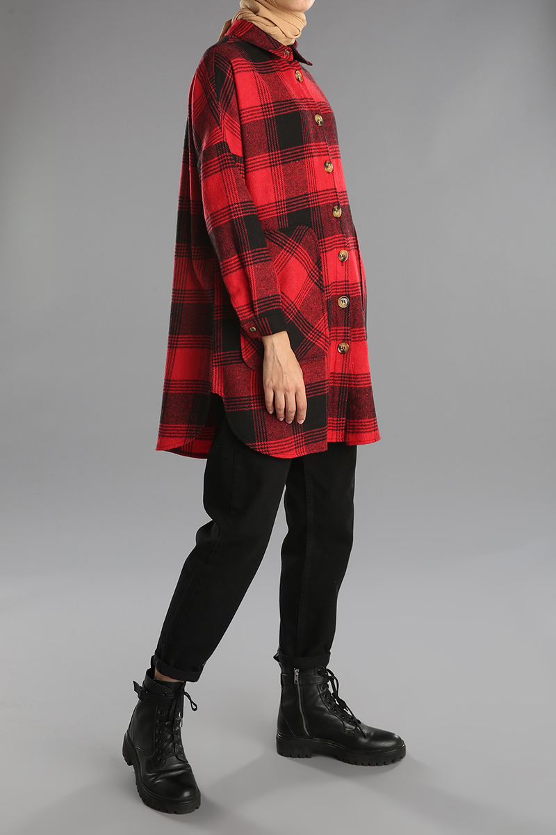 Plaid Patterned Buttoned Pocket Shirt Tunic