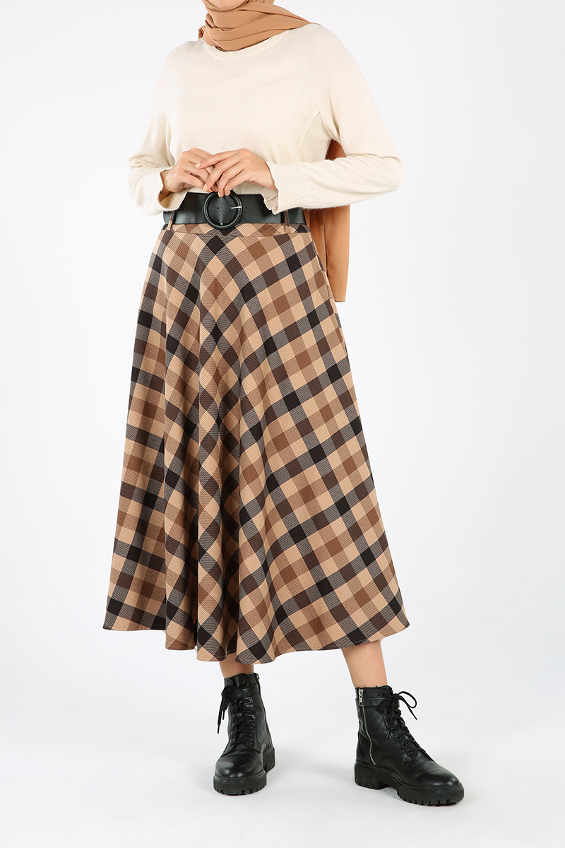 Plaid Belt Zipper Skirt