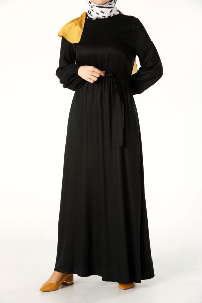 Peasant Sleeve Viscose Belted Long Dress