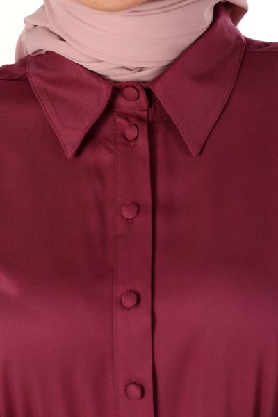 Viskon Düğmeli Kuşaklı Gömlek Elbise
