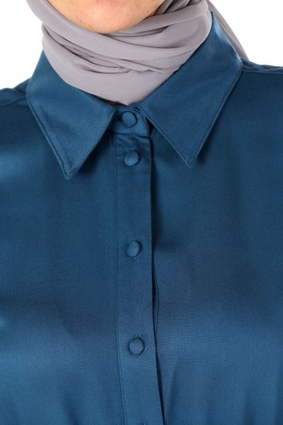Viskon Düğmeli Kuşaklı Gömlek Elbise