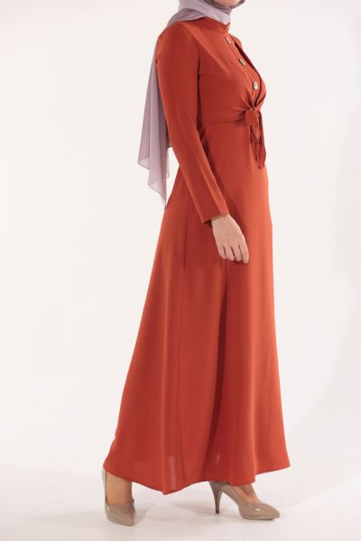 Button and Lacing Front Cotton Long Dress
