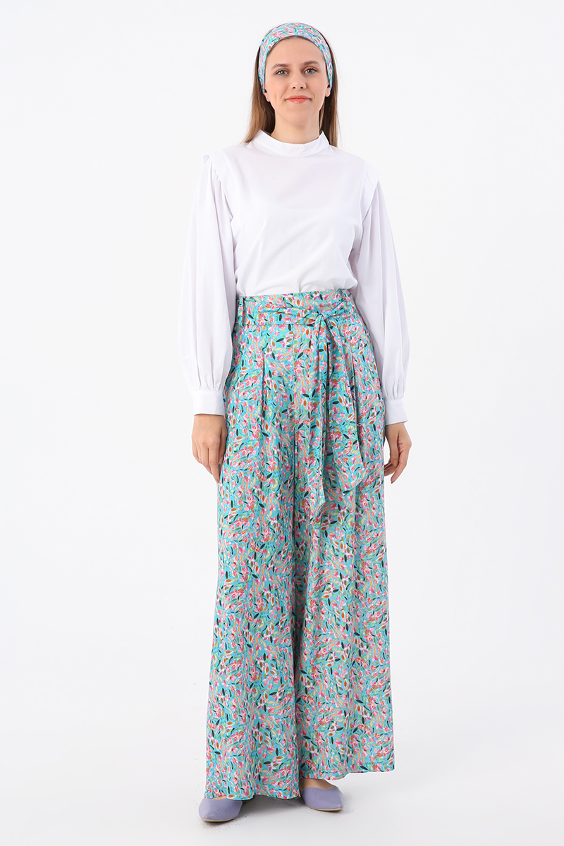 Printed Patterned Wide Leg Double Pleated Belted Viscose Trousers