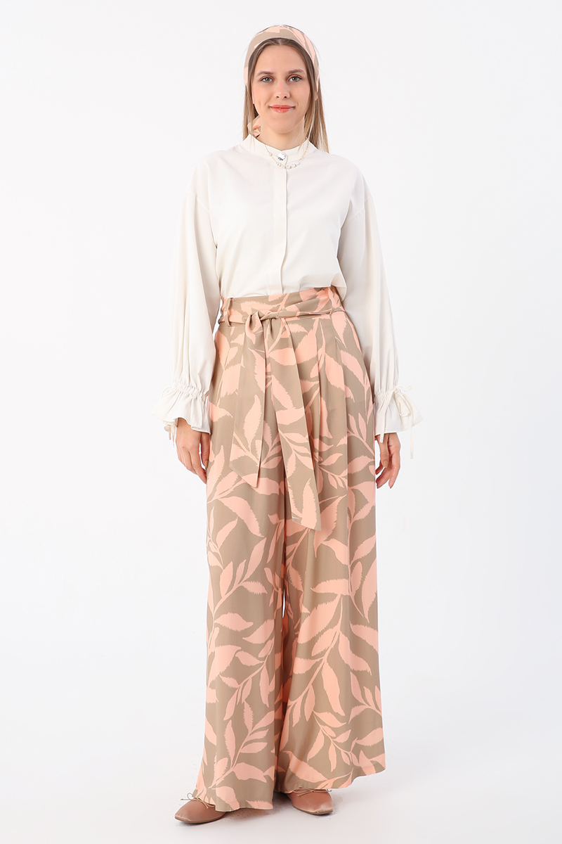 Printed Patterned Wide Leg Double Pleated Belted Viscose Trousers