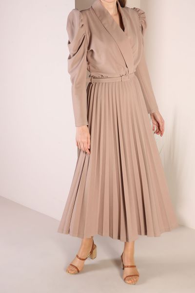 BELTED DRESS WITH PLEATED SKIRT