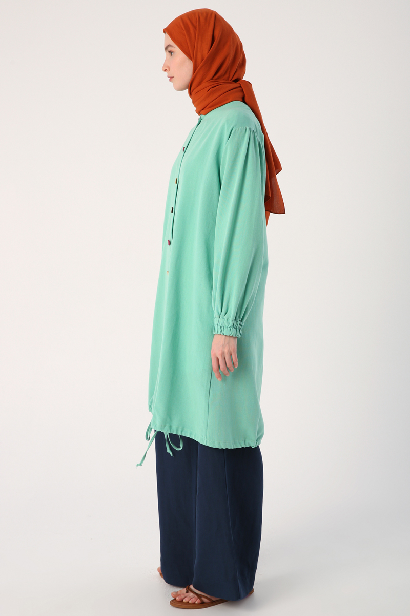 Pleated Colored Buttoned Crew Neck Shirt Tunic
