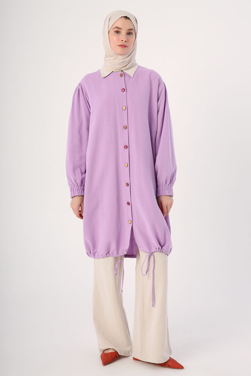 Pleated Colored Buttoned Crew Neck Shirt Tunic