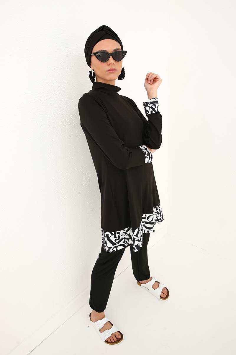 Letter Print Hem and Cuff Detailed 4 Pieces Burkini